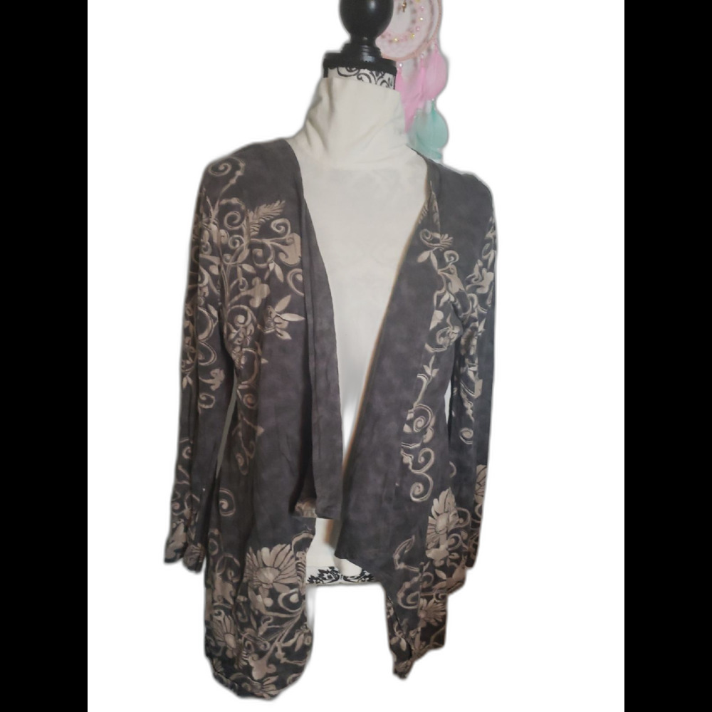 Take Two Waterfall Cardigan Gray Baroque Floral Print Open Front